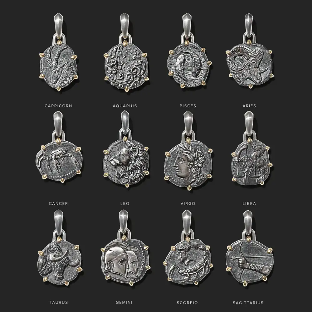 Wholesale Silver Men Charm Stainless Steel Astrology Coin 12 Horoscope Star Sign Zodiac Pendant Necklace
