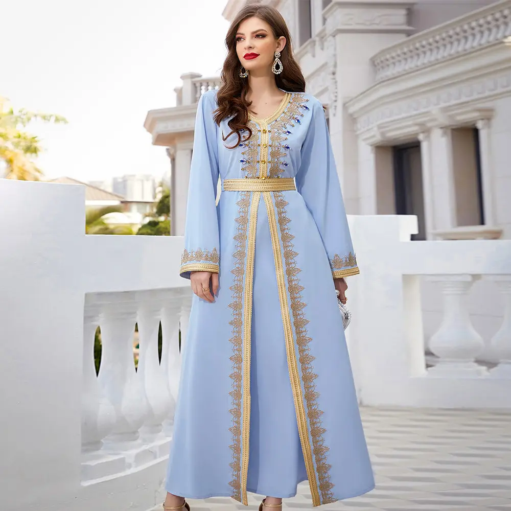 2023 New Women Long Dress Elegant Fashion Sew Diamonds Comfortable Thin Light Blue Wove Two Piece Dress
