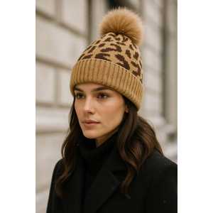 Women's Wool Beanie with Leopard Print Pom-Pom BERE1145 <b>Bonnet</b> - Product Image 1