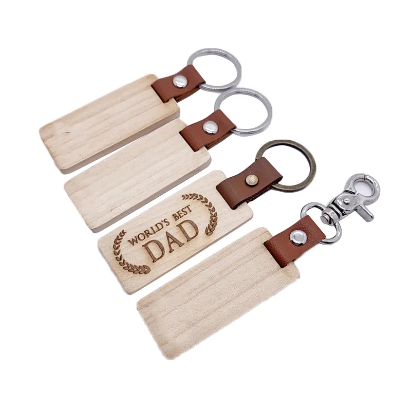 Logo personnalisé en bois Sublimation mignon Logo accessoires porte-clés porte-clés en bois vierge avec cuir pour cadeau d'affaires