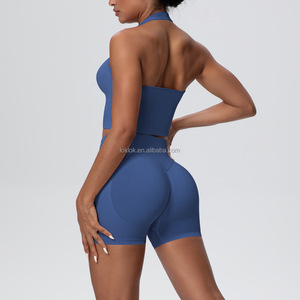 Vêtements de yoga pour femmes, soutien-gorge de sport et short à séchage rapide, vêtements de sport OEM, ensemble de yoga pour femmes, compression extensible, col halterneck, froncé - Product Image 5