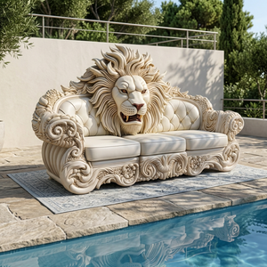 Luxury European Vintage Lion Carved Genuine Leather L-Shaped Sectional <b>Sofa</b> Handcrafted Teak <b>Wood</b> <b>Frame</b> Deep Tufted Bac Padded - Product Image 3