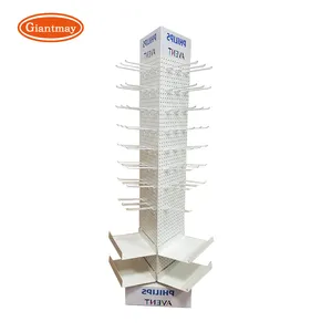 Custom 3 Sides Supermarket 360 Degrees Rotating Pegboard Display Stand With Hook