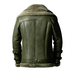 Men's Genuine Leather Aviator <b>Jacket</b> With Faux Fur Lining Windproof Moto <b>Biker</b> Style Winter Thick Zipper Closure Regular Fit - Product Image 2