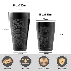Shaker Boston da Cocktail Nero Lucido con Motivo a Gufo Inciso, Shaker Ponderato in Acciaio Inox da 18/25oz per Bar e Bartender - Product Image 3
