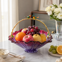 Corbeille à fruits décorative en verre en forme de fleur avec poignée dorée et ornement oiseau pour la décoration intérieure