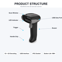Lecteur de codes-barres 2D filaire portable en plastique 640x480 CMOS USB, lecteur QR 1cm-280cm IP52 pour la vente au détail, les supermarchés et les entrepôts X-1501171