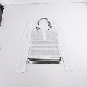 Camiseta de Manga Larga Blanca para Mujer, Ajustada, Informal, con Cuello Henley a Rayas, Botones, Tejido de Punto, Estilo Y2K - Product Image 6