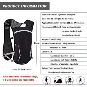 MOQ Bajo de Fábrica Personalizado para Hombre y <span class=keywords><strong>Mujer</strong></span> Mochila de Hidratación Ligera de Nylon Portátil de 5L para Exteriores Chaleco para Trail <span class=keywords><strong>Running</strong></span> Ciclismo y Senderismo - Product Image 5