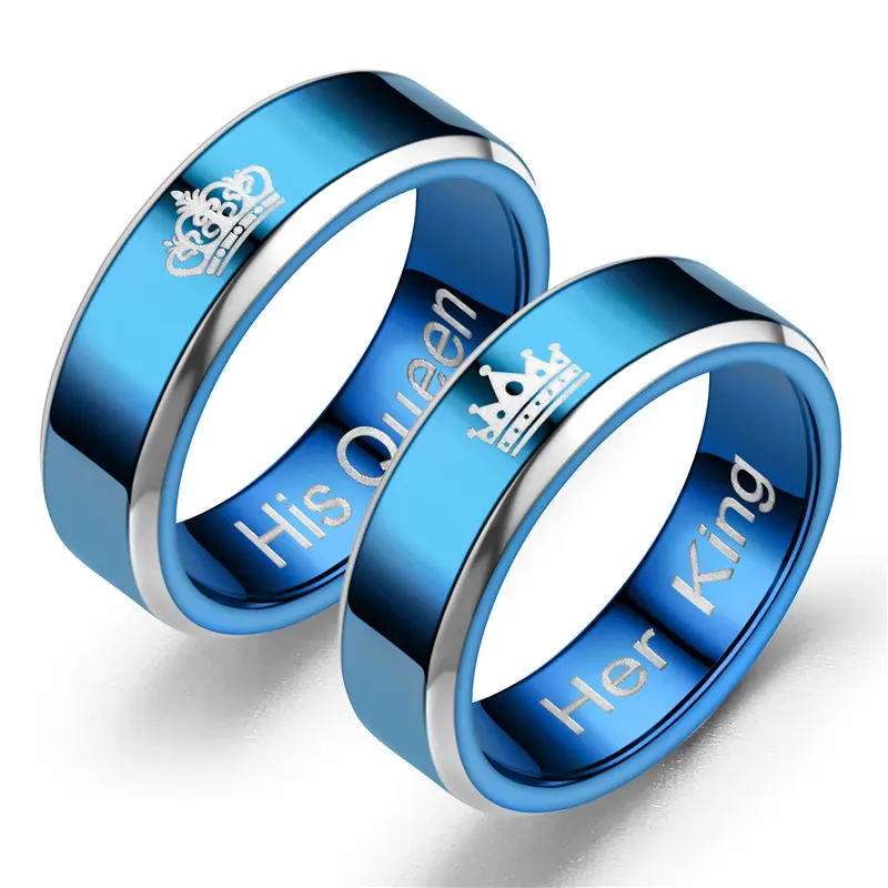 European and American Hot New Blue Her king his Queen Stainless steel Fashion Lovers Ring Direct Sales