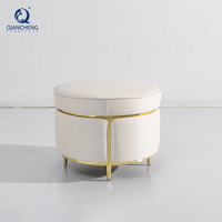 QIANCHENG Repose-pieds Ottoman en Velours Blanc, Petit Pouf Rond en Acier Inoxydable, Banc Rembourré