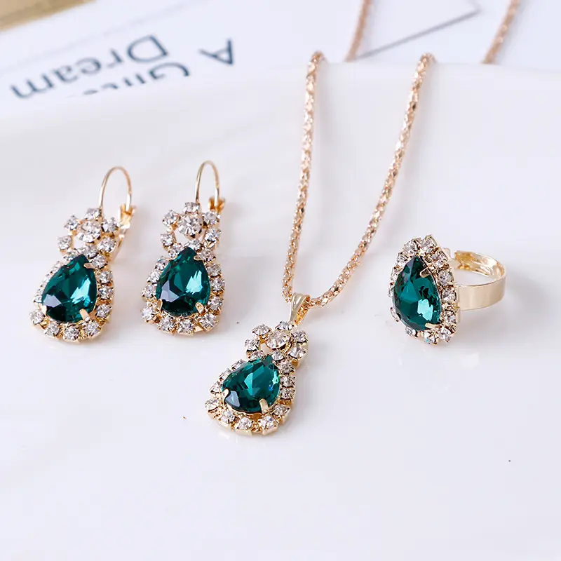 Luxury Elegant Water Drop Design Rhinestones Jewelry 3Pcs Necklace Earring Ring Set Wedding Engagement Bridal Jewelry Sets
