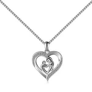 Elegant Design Sterling Silver Rhodium Plated Mother's Day Gift Mother And Child Heart Shape 5a Zirconia Pendant Necklace