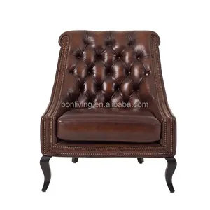 BONLIVING-silla clásica de cuero auténtico para el hogar, mueble de estilo americano antiguo para sala de estar, sofá individual