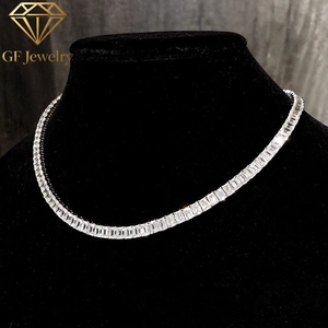 Collier ras-de-cou en diamant de culture, taille émeraude, collier tennis en or blanc 18 carats, chaque diamant baguette CVD de 1 carat, bijoux haut de gamme - Product Image 1