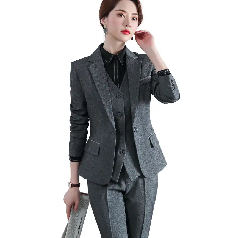OEM-Conjunto de traje de negocios para mujer, ropa de trabajo Formal, chaqueta, chaleco, pantalones, 3 piezas, venta al por mayor