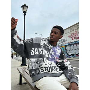 เสื้อสเวตเชิ้ตคอกลมผู้ชาย ผ้าหนา 400 GSM พิมพ์ลายดิจิตอล สไตล์วินเทจ ลุคขาดๆ แบบสตรีทแวร์ รับทำโลโก้ OEM ตามสั่ง - Product Image 2