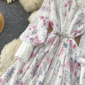 Abito da Donna Floreale Francese Elegante a Vita Alta con Maniche Lunghe - Vestito Casual Chic da Donna - Product Image 5