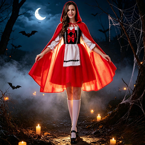 Costume d'Halloween pour enfant et adulte, Le Petit <span class=keywords><strong>Chaperon</strong></span> <span class=keywords><strong>Rouge</strong></span> et le Grand Loup méchant, en polyester, pour spectacle familial - Product Image 1