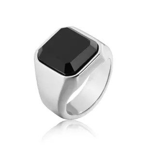 最新的高品质银色黄金不锈钢环适用于男士方形黑色玛瑙石戒指