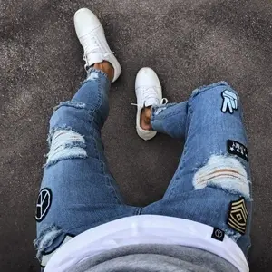 Calça jeans masculina, logotipo personalizada plus size para homens, rasgada, skinny, com estampa bordada