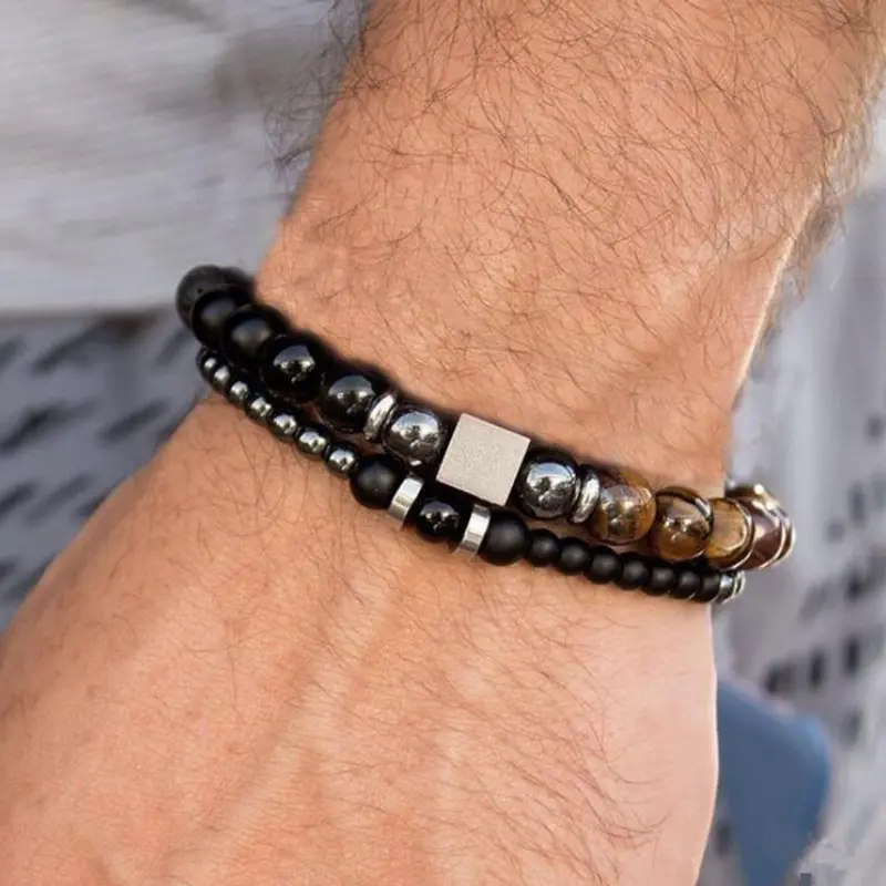 Europa y América Hombres caliente pulsera de piedra natural 6mm8mm negro exfoliante elástico Conjunto de pulseras con cuentas