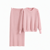 Ensemble deux pièces en tricot beige pour femmes, OEM/ODM personnalisé, haut à col rond avec jupe crayon mi-longue, style hiver