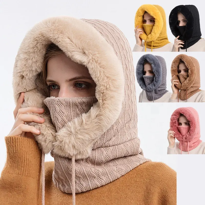 Outdoor Winter Warm Thickened Hood Windproof Cycling Full Face Cover Fur Plush Lining Ski Balaclava Hooded Hat