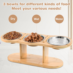 Support de gamelle surélevé pour chat avec 3 bols en acier inoxydable-Mangeoire en bambou inclinée à 15 ° pour chats d'intérieur et petits chiens - Product Image 5