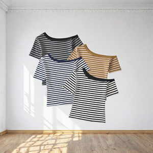 Camiseta de moda informal de verano de manga corta para mujer, diseño asimétrico de 4 colores, tejido de poliéster con estampado de rayas transpirable - Product Image 3