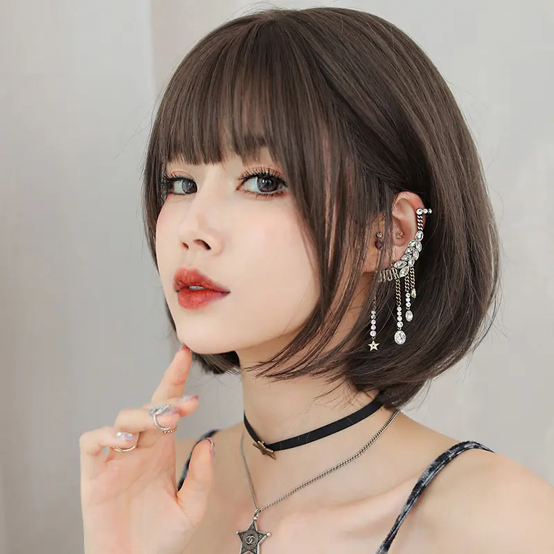 Ainizi wholesale Korean style high quality 12 inch short bob simulated scalp synthetic hair wigs with bangs for women