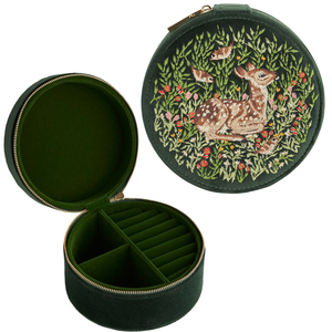 Scatola di gioielli rotondi in morbido velluto navy con scatola di anelli da viaggio ricamati con fiori con cerniera scatola per orecchini - Product Image 6