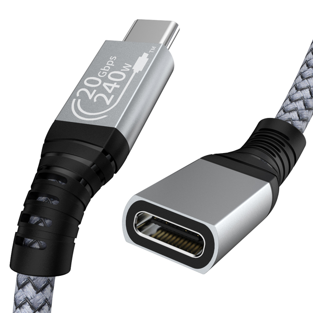 Nylon Braid USB 3.1 3.2 PD 240W TYPE C AM to AF 90 Degree Data Cable 20gbps USB C Extension Cable for Electrical Power Sources