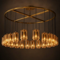 Suspension de plafond minimaliste de luxe moderne à 18 lumières, grand anneau en verre, hauteur réglable, intensité variable, structure en fer pour salon/salle à manger