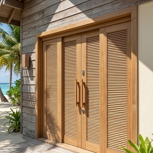 Puerta Corredera de Cuatro Paneles con Rejillas, Madera Sólida de Teca y Caoba, Sistema de Separación de Habitaciones o Armarios con Listones Horizontales - Product Image 4