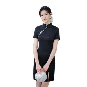 2024 çin sıcak satış yaz yeni geliştirilmiş tarzı siyah elastik jakar Qipao kadın stok nakış elbise dantel