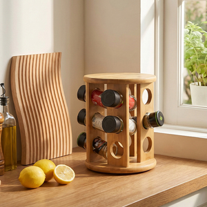Étagère à épices rotative en bambou à 360 degrés, 12 pots, tour carrousel avec étagère supérieure supplémentaire pour le rangement sur le comptoir de cuisine - Product Image 2
