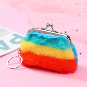 Dompet Koin Mini Lucu Warna Cerah Girly Garis Pelangi Bulu Palsu Bulu Halus dengan Gantungan Kunci