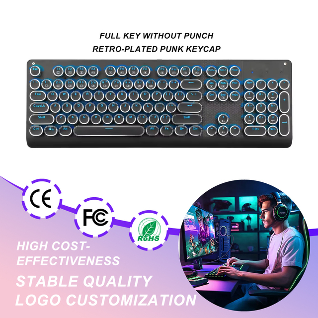 Mechanical Gaming Keyboard Full Size 104 Standard Keys Blue Switch LED Backlit Wired Punk Mechanical Gaming Keyboard