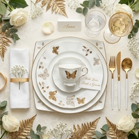 Service de vaisselle de luxe en porcelaine fine dorée motif papillon, assiettes rondes à bord ondulé pour mariage, dessert et salade