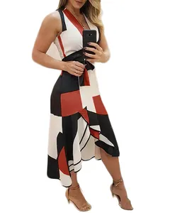 Print contrasting color V-neck Sleeveless Casual Loose Plus Size women office midi tunic dresses