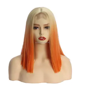 Parrucche Bob Corte Resistenti al Calore con Pizzo, Lisce Bionde Ombre Rosa Arancione Rosso, Capelli Sintetici Ondulati, <span class=keywords><strong>Parrucca</strong></span> Frontale in Pizzo per <span class=keywords><strong>Donna</strong></span> - Product Image 1