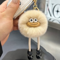 Porte-clés de voiture et pendentif de sac à dos en peluche coréenne, fait main, design dessin animé anime mignon, en fourrure de lapin Rex, petit boule de charbon à grande bouche