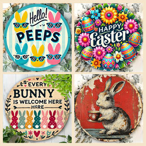 Decoraciones de Pascua en Stock: Letrero Colgante de Madera con Huevo de Conejo y Logotipo Redondo, Serie de Pascua, Letrero de Madera para Puerta - Product Image 2