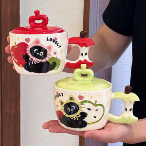 Apple Cat <b>Ceramic</b> <b>Mug</b> With Lid And Handle Cute Cartoon Design For Girls Students Dorm Office Use Red Green Colors Available - Product Image 1