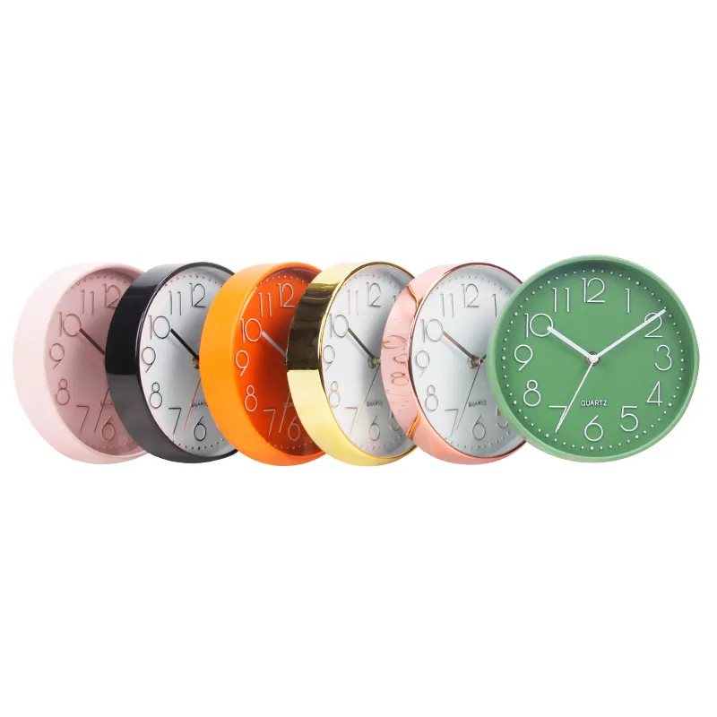 Promotion horloge murale ronde silencieuse en plastique, pas cher, personnalisé, en relief 3D, moderne, vente en gros, petite horloge de chambre d'enfant