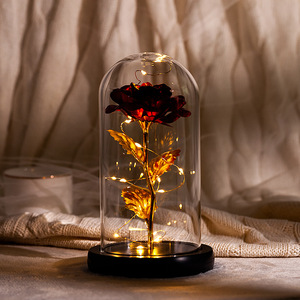 Soffiato a mano Trasparente Circolare Cilindro di Bellezza E La Bestia In Oro Del Fiore della Rosa In Cupola di Vetro Con La Luce del LED - Product Image 2