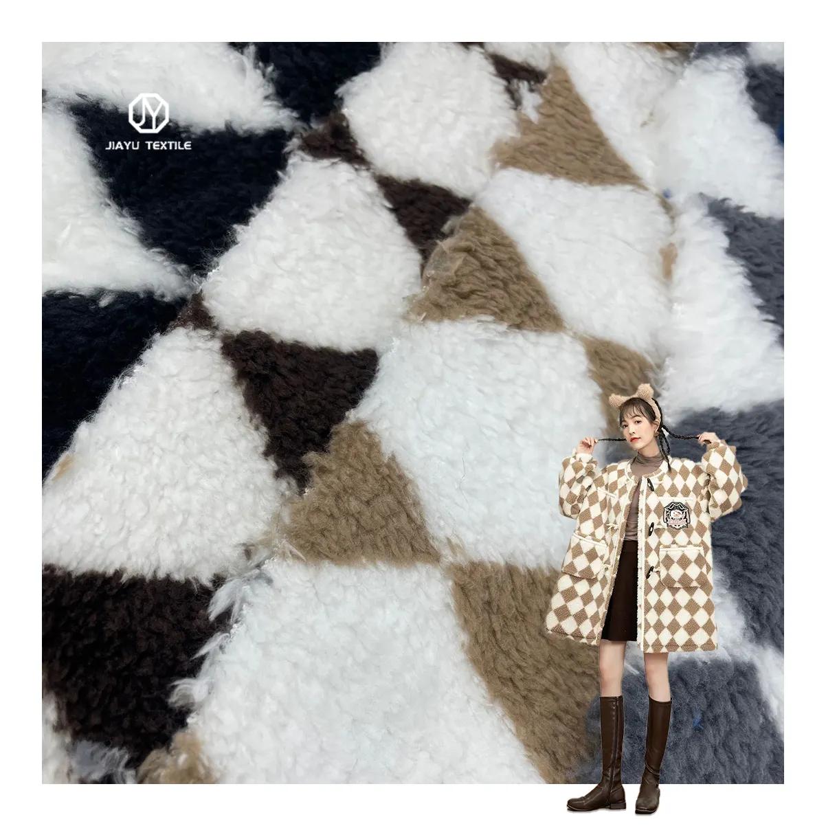 China supplier 100% polyester rhombus plaid print thickened velvet coat jacket bag decorative trousers faux fur fabric