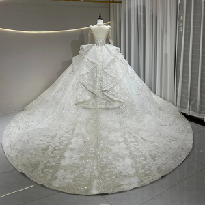 Robe de mariée de luxe JFH22, richement perlée, à col montant, ornée de paillettes, avec traîne chapelle, dos lacé, appliques en cristal et broderies, coupe princesse - Product Image 2