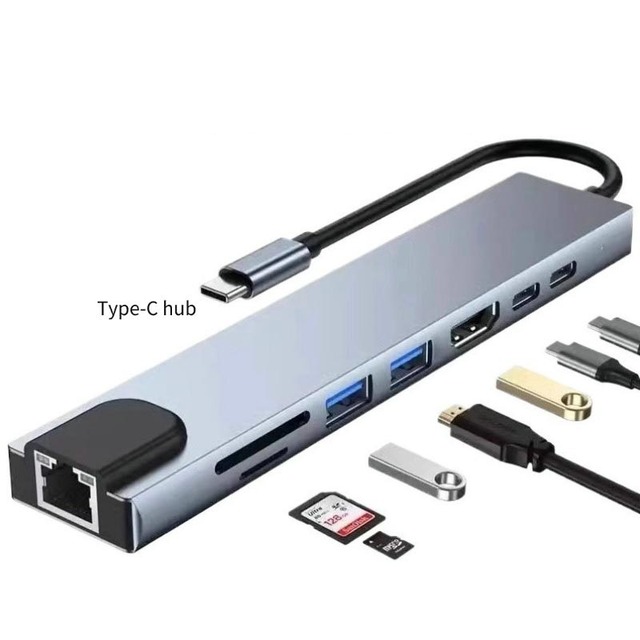 Hot Selling Type C Adapter Cable 8 In 1 Hub 4K Hdtv 100W PD Charging Ports USB Hub Docking Station for Notebook Laptop